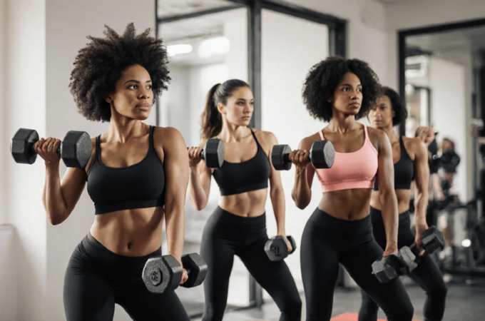 Four women lifting dumbbells in a gym.