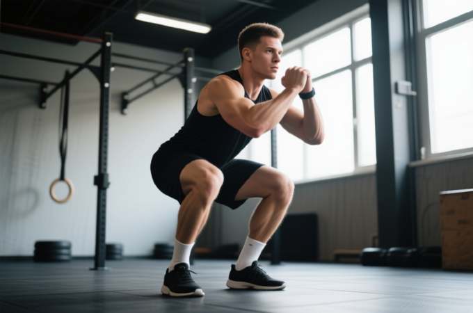 Man performing squats at a gym with fitness equipment around.