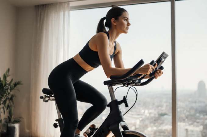 Woman cycling indoors with city view through large window.